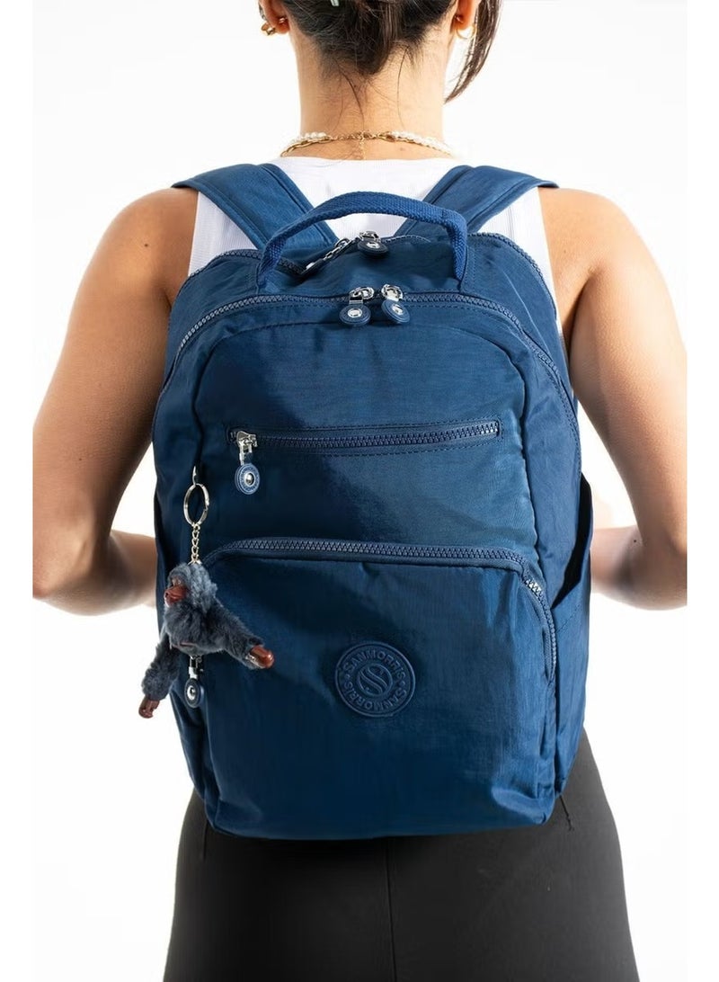 Sanmorris Unisex Water Resistant Crinkle Fabric Multi Compartment Medium Size Navy Blue Color Laptop School and Backpack Bag - Image 2